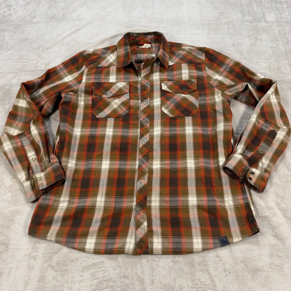 LL Bean Mens Large Plaid Western Snap Front Shirt Wool Blend Brown 298102 Hiking